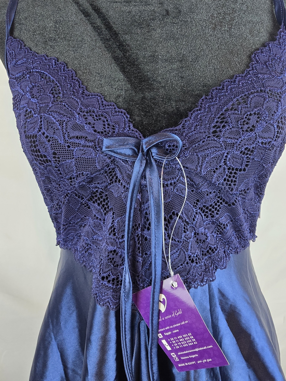 Lace-Trim Satin Chemise in Deep Purple with Bow Detail
